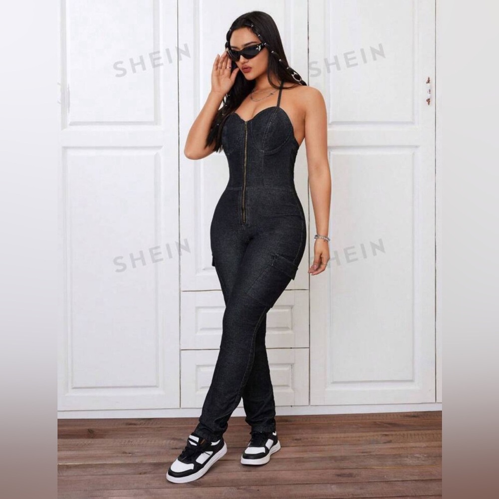 Women's Slim Fit Denim Jumpsuit With Spaghetti Straps …